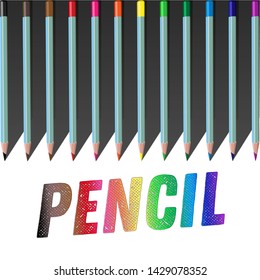 A set of twelve pencils for drawing with the words pencil. Pencil set for drawing.