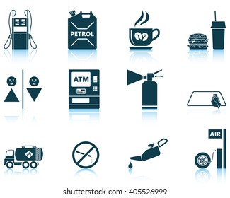 Set of twelve Petrol station icons with reflections. Vector illustration.