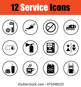 Set of twelve Petrol station icons.  Thin circle design. Vector illustration.