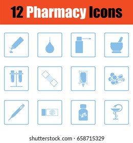 Set of twelve pharmacy icons. Blue frame design. Vector illustration.