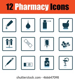 Set of twelve pharmacy icons. Shadow reflection design. Vector illustration.