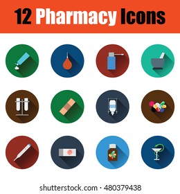 Set of twelve pharmacy icons. Vector illustration.
