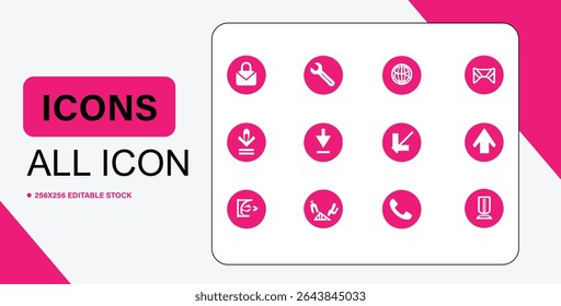A set of twelve pink circle icons with white symbols representing various functions like download, upload, email, settings, and more.