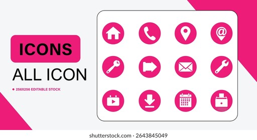 Um conjunto de doze ícones circulares cor-de-rosa com símbolos brancos que representam várias funções e aplicações sobre um fundo branco.