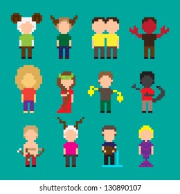Set of twelve pixel art icons with zodiac signs, vector illustration