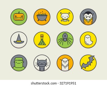 Set of twelve pixel perfect colored outline circle icons with halloween traditional signs and symbols