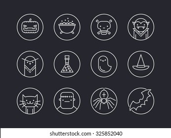Set of twelve pixel perfect outline circle icons with halloween traditional signs and symbols