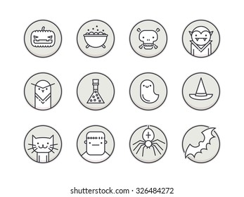 Set of twelve pixel perfect outline circle icons with halloween traditional signs and symbols