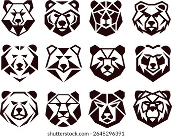 Conjunto de doze ícones de cabeça de urso poligonal perfeito para marca de vida selvagem e design de logotipo moderno
