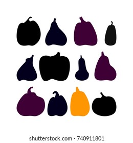 Set of twelve pumpkin silhouette. Dark stamp of squash. Happy halloween. Vector illustration, isolated on white background.