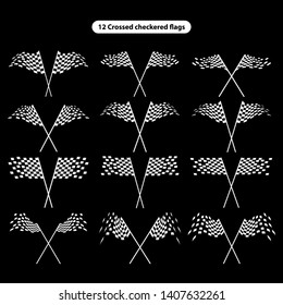 Set of twelve race flags logo template vector, Simple design race flag icon suitable for motor, car, rally sport isolated on black background. Vector Illustration
