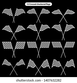 Set of twelve race flags logo template vector, Simple design race flag icon suitable for motor, car, rally sport isolated on black background. Vector Illustration