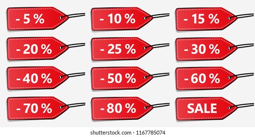 Set of twelve red discount labels for sale vector illustration EPS10