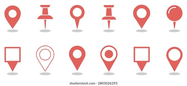 Set of twelve red map location pins and push pins with flat style and soft grey drop shadows isolated on a white background for navigation and point of interest marking