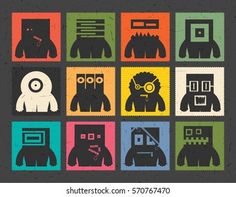 Set of twelve retro postage`s stamp with funny monsters on different color background, . Cartoon illustration.