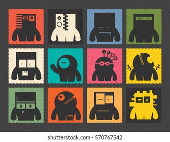 Set of twelve retro postage`s stamp with funny monsters on different color background, . Cartoon illustration.