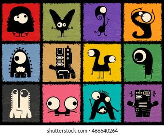 Set of twelve retro sticker with funny monsters. Cartoon illustration.