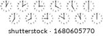 Set of twelve round black clock faces isolated on white background showing different time from one to twelve. Flat vector illustration.