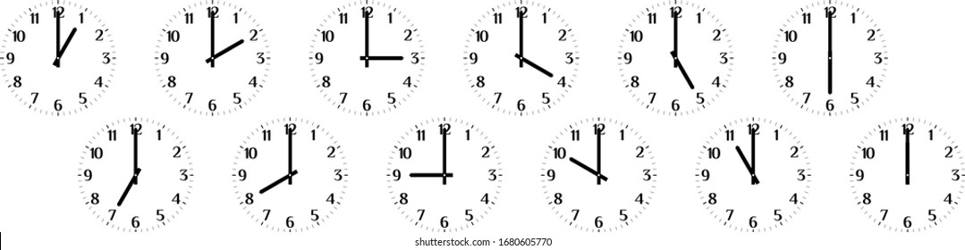 Set of twelve round black clock faces isolated on white background showing different time from one to twelve. Flat vector illustration.