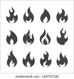 Set of twelve round flat black icons of flames and fire.