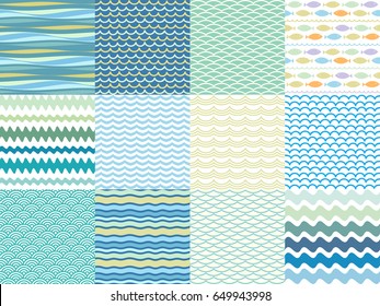 Set of twelve sea waves patterns. Vector seamless ocean wave backgrounds. Doodle hand drawn wavy ribbons, borders, brush lines, design elements collection.
