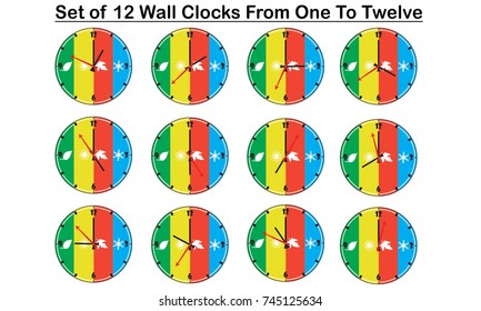 Set of twelve season round  wall clocks isolated on white background,  from one to twelve