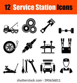Set of twelve Service station black icons. Vector illustration.