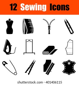 Set of twelve sewing  black icons. Vector illustration.