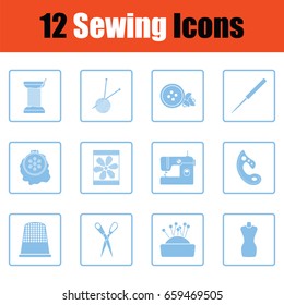 Set of twelve sewing icons. Blue frame design. Vector illustration.