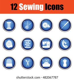 Set of twelve sewing icons.  Glossy button design. Vector illustration.