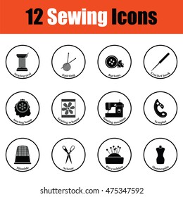 Set of twelve sewing icons.  Thin circle design. Vector illustration.