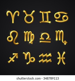 A set of the twelve signs of the zodiac gold faceted