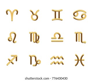 A set of the twelve signs of the zodiac gold 3D on white background. vector illustration.