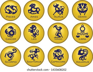 Set of twelve signs of the zodiac on the background of gold circles. Prediction of the future. Vector illustration. Isolated on white background