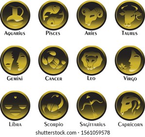 Set of twelve signs of the zodiac on the background of gold circles. Prediction of the future. Vector illustration. Isolated on white background