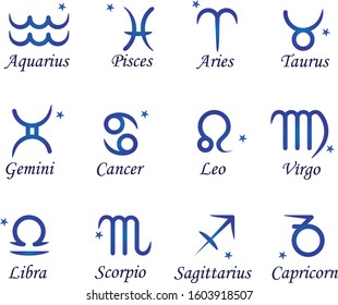 Set of twelve signs of the zodiac. Prediction of the future. Vector illustration. Isolated on white background