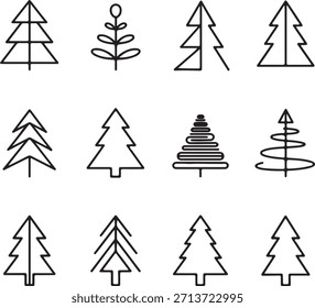 Un conjunto de doce iconos y siluetas simples y abstractas de la línea del árbol de Navidad. Colección de Vector minimalista para el diseño festivo de las vacaciones, los gráficos invernales y la decoración de temporada.