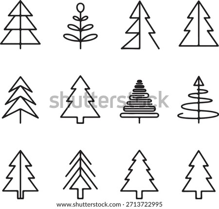 A set of twelve simple, abstract Christmas tree line icons and silhouettes. Minimalistic vector collection for festive holiday design, winter graphics, and seasonal decoration.
