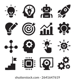 A set of twelve simple, black and white icons representing business and innovation concepts. Each icon is clearly defined and focused.