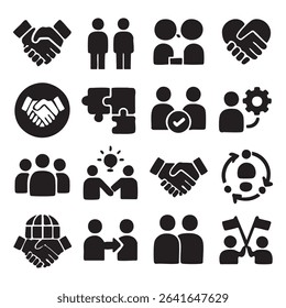 A set of twelve simple, black and white icons depicting various teamwork concepts.