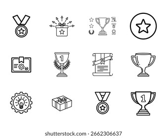 A set of twelve simple, black and white line drawings depicting various awards, trophies, medals, and prizes, representing success and victory.