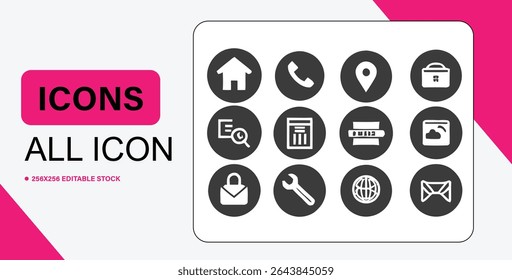 A set of twelve simple, clean, and modern icons in black and white, suitable for various user interface designs.
