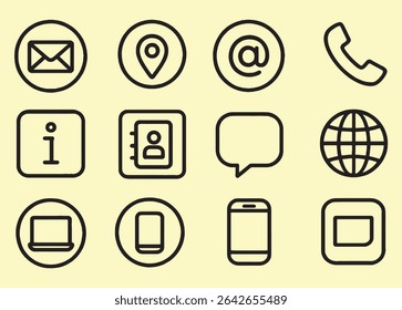 Set of twelve simple contact icons: email, location, at symbol, phone, info, address book, speech bubble, globe, laptop, mobile phone, smartphone, and a square button.