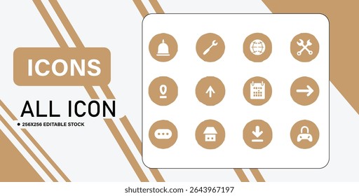 A set of twelve simple icons, each a white symbol within a brown circle, presented as editable stock.