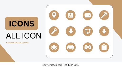 A set of twelve simple line icons within circles, featuring symbols for location, email, tools, and more.