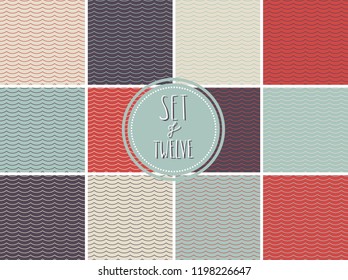 Set of twelve simple maritime vector patterns with easy going wave shapes. Trendy minimal vintage style. Great for apparel, wallpapers, backgrounds, cards, home decor, scrapbooking, gift paper etc.