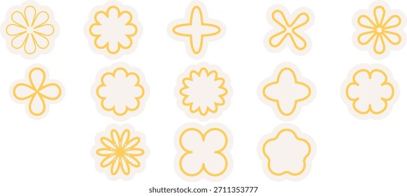 A set of twelve simple, stylized flower shapes with thin yellow outlines and a subtle beige background fill, perfect for retro doodle designs.