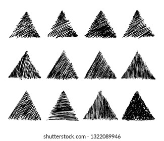 Set of twelve Sketch Scribble Smear Triangles. Hand drawn Pencil Scribble. Vector illustration.