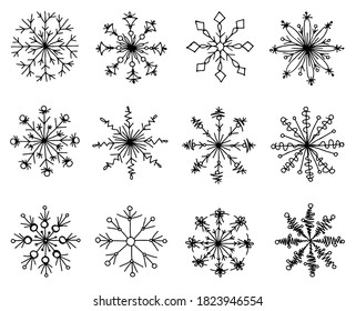 Un conjunto de doce copos de nieve.  Cada uno de ellos tiene su propio patrón, no similar al anterior.  En los adornos se utilizan formas simples: ramas, hombros, zigzag, ovales, olas.  La ilustración es
