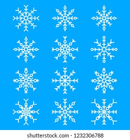 Set of twelve snowflakes. Vector illustration on blue background